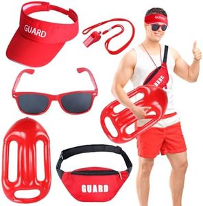 Kyson 5 Pieces Halloween Guard Costume Accessories Set-Red Guard Sun Visor,Fanny Pack,Red Sunglasses,Inflatable Float,Whistle with Lanyard for Men Women (Set A-5 Pcs)