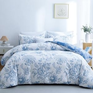 BOLINLIVING Floral Duvet Cover Queen Size 3 Pieces, Flower Duvet Cover with 2 Pillow Shams, Soft Floral Bedding Set White and Blue for All Season, Breathable, Zipper Closure…