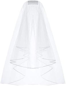 ZiYan White Double Ribbon Edge Center Cascade Bridal Wedding Veil with Comb