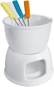 Tebery Fondue Set with 4 Color Forks Premium Tea Light Porcelain Melting Pot for Cheese Chocolate and Tapas - White