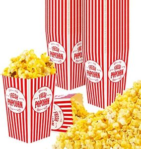 [25 Pack] Movie Theater Popcorn Boxes Disposable Red & White Striped - 30 oz Capacity - Vintage Snack Box Concession and Carnival Party Supplies, Individual Popcorn Bucket Containers