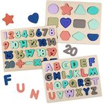 Wooden Puzzles for Toddlers, Wood Alphabet Number Shape Learning Puzzles Toys for Kids Ages 3 4 5 and Up, Montessori Preschool Educational Gifts for Boys Girls (Set of 3)