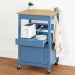 Best Choice Products Rolling Kitchen Island Cart, Single Door Cabinet w/Drawer, Sliding Tray, Hidden Outlet, Hooks, & Lockable Wheels - Slate Blue