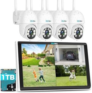 SOVMIKU WiFi Security Camera System, 【Plug-in Cable】 4PCS 3MP PT Outdoor Camera with 10" LCD Monitor, Motion Detection, Color Night Vision, 24/7 Record, 2-Way Audio, 8CH NVR, 2.4G WiFi