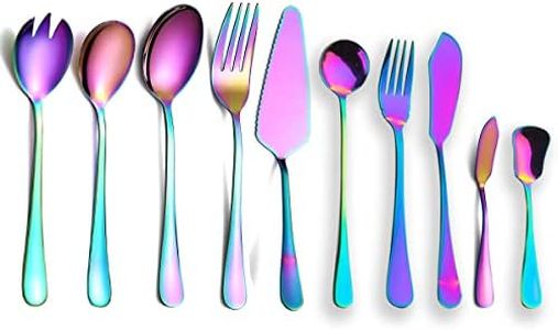 Berglander Rainbow Silverware Serving Set 10 Pcs, Stainless Steel Titanium Plating Flatware Server Set, Salad Spoon Fork, Serving Spoons Forks, Butter Knife, Cake Server Fish Knives Forks