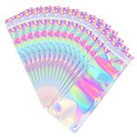 Durimoiy 100 Pieces Holographic Mylar Bags - 2.7x8.6 inch Resealable Foil Pouch Bags Long Flat Holographic Zip Bags Storage Zipper Pouch for Food, Party Favor, Jewelry, Lip Gloss, Cosmetic