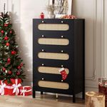 DWVO 47" Tall Natural Rattan 5 Drawer Dresser, Boho Dresser Chest of Drawers with Golden Handles, Wood Dresser Storage Cabinet for Hallway, Entryway, Hold up to 300lbs, Black