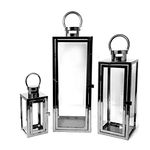 Allgala 3-PC Set Jumbo Luxury Modern Indoor/Outdoor Hurricane Candle Lantern Set with Chrome Plated Structure and Tempered Glass-Cuboid Black-HD88013