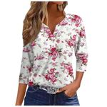 New Deals Everyday 3/4 Sleeve Tops for Women Fall Trendy Casual Button V Neck Tshirt Ladies Floral Print Daily Basic Tees Tunic Blouses Womens Shirts and Blouses