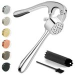 Premium Garlic Press, Garlic Mincer Set of 3 with Silicone Roller Peeler & Cleaning Brush - Gloss Silver