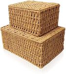 RoyalHouse Woven Stackable Storage Baskets with Lid, Decorative Rope Organizer Bin - Set of 2 (2 Sizes), Beige (No Liner)