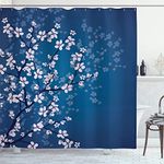 Ambesonne Japanese Shower Curtain, Spring Season Sakura Bloom Design Marine Toned Ombre Color Background, Cloth Fabric Bathroom Decor Set with Hooks, 84" Long Extra, Dark Sky