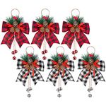 6 Pieces Christmas Burlap Plaid Bow with Pine Cones Pine Needles- Large Christmas Buffalo Plaid Bow-Christmas Wreath Bow Buffalo Check Bow -Xmas Decorative Bow for Christmas Tree Crafts DIY Decor