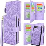 Harryshell Detachable Magnetic Zipper Wallet Leather Case Cash Pocket with Multi Card Slots Holder Wrist Strap for iPhone 8 Plus/iPhone 7 Plus / 6S Plus 5.5 Inch Floral Flower (Lavender Purple)