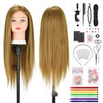 TwoWin Hairdressing Training Head, 26" 80% Real Hair Mannequin Head, Wig Styling Head with Clamp and DIY Braiding Set (Light Brown)