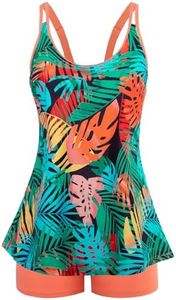 Bathing Suits for Women Plus Size Flowy Tankini Sets Adjustable Straps Lightweight Swimsuit Multi-Colored Leaves Floral 18W