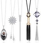 Adramata 4-6Pcs Long Sweater Necklace for Women Silver Plated Butterfly Flower Rhinestone Tassel Pendant Statement Neckace Elegant Jewelry Accessories