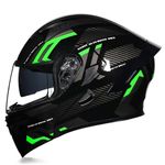 Woljay Full Face Flip Up Motorcycle Modular Helmet Integrated Motorbike Dual Visor for Adults Men Women Moped Street Racing DOT Approved (XXL,Count Black Green - Transparent Visor)