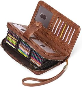 GAEKEAO Leather Credit Card Holder Wallet for Women RFID Blocking Large Capacity Bifold Zipper Card Case Organizer with Wristlet 45 Slots, Brown, Modern