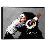 Wieco Art Large Black Framed Monkey With Headphones Banksy Graffiti Art Abstract Canvas Painting for Home Decor Canvas Wall Art for Living Room Decoration Wall Decor & Office Decor