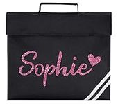 beyondsome Personalised School Book Bag Girls Glitter Heart Name PE Childrens Gift, Black/Pink Glitter Print