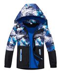 CAMLAKEE Boys Waterproof Jacket Kids Raincoat Fleece Lined Children Camo Coat Warm Windbreaker Blue UK:7-8 years (manufacturers's size: 130)