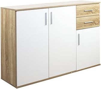 BAKAJI Madia Armadietto Armadio 3 Ante 2 Cassetti, Mobile Design Minimal, Camera da Letto, Soggiorno, Arredamento Casa, Ufficio, Resistente Robusto Multiuso (Quercia e Bianco)