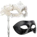 Masquerade Mask for Couple, Mardi Gras Deecorations Venetian Masks with Stick for Womens(White+Black)