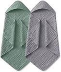 Yoofoss Hooded Baby Towels for Newborn 2 Pack 100% Muslin Organic Cotton Baby Bath Towel with Hood for Babies, Infant, Toddler and Kids,37.5"x37.5",Soft and Absorbent Newborn Essential,Grey&Dark Green