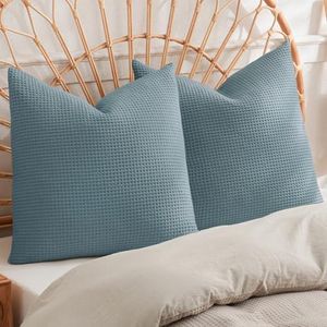 PHF 100% Cotton Waffle Weave Euro Shams 26" x 26", No Filling, 2 Pack Elegant Home Decorative Euro Throw Pillow Covers for Bed Couch Sofa, Ocean