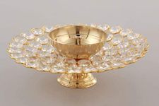 Ein Sof Akhand Diya Decorative Brass & Crystal Oil Lamp Tea Light Holder Lantern, 6 inches Wide Umbrella Shaped Diya Lantern (Gold and White)