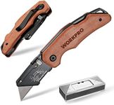 WORKPRO Folding Utility Knife with Stainless Steel Head, Quick-change Blade & Back Lock, Wood Handle Heavy Duty Box Cutter, 1PC Razor Knife with Extra 10PC SK5 Blades