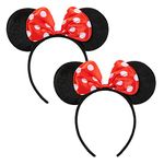 CHuangQi Mouse Ears Headband Set of 2, Solid Black Ear & Red Bow with Polka Dots for Boy & Girl Birthday Party, Party Favors