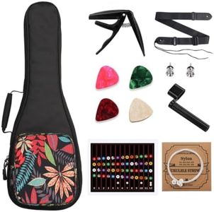 MUINS Ukulele Case,21 23 24 26 Tenor Soprano Concert Ukelele Bag With Bag & Capo & 4 Picks & strings & string Winder & Strap &Stickers,Uke Gift Choice (Black Leaves, 26 Inch)