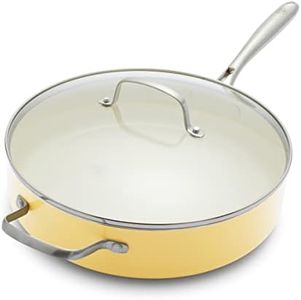 GreenLife Artisan Healthy Ceramic Nonstick, 5QT Saute Pan Jumbo Cooker with Helper Handle and Lid, Stainless Steel Handle, PFAS-Free, Dishwasher Safe, Oven Safe, Yellow