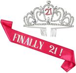 Juvale 21st Birthday Sash and Crown Set for Her, Finally 21 Hot Pink Reflective Sash, Rhinestone Tiara