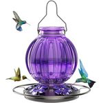 Glass Hummingbird Feeder for Outdoors Hanging, Bird Nectar Feeder with Perch & 5 Flower Feeding Ports, 26 Oz Leak Proof for Outside Garden Decor Backyard, Gifts for Women Mom, Purple