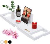 Royal Craft Wood Bamboo Bathtub Caddy Tray with Wine and Book Holder - One or Two Person Bath Tray with Extending Sides - Free Soap Dish - White