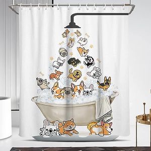 Coxila Funny Dog Shower Curtain Kids Fun Cute Girls Boys Animal Paw Print Bones Kawaii Cartoon Novelty Corgi Toddler Teen Pets Colorful Unique Art Bathroom 60 x 72 Inch Polyester Fabric 12 Pack Hooks