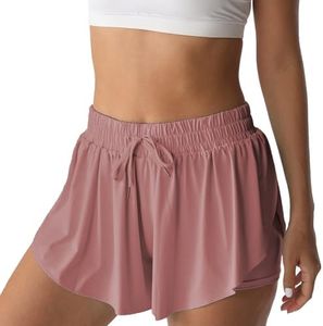 Flowy Athletic Shorts for Women Running Tennis Butterfly Shorts Girls 2-in-1 Double Layer Quick-Drying Comfy Shorts (X-Small, Dark Pink)
