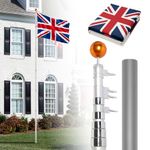 Outopee 20FT Aluminium Sectional Flagpole Kit, Telescopic Flag Pole in Ground with UK Flag, Golden Ball Finial and Halyard Rope for Residential, Garden Yard and Commercial Use, Silver