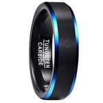 NUNCAD 6MM Black Tungsten Carbide Wedding Ring for Men Brushed Finish Blue Beveled Edge Engagement Promise Anniversary Ring Comfort Fit Size N(54.4mm)