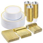BESTVIP 300PCS Plastic Dinnerware Set (50 Guests), Gold Disposable Plates for Party, Wedding, Anniversary, Includes: Dinner Plates, Dessert Plates, Cups, Spoons, Forks and Knives