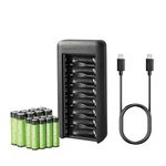 Amazon Basics - Rechargeable NiMh AAA 800mAh 8 Pack + AA 2000mAh 8 Pack, with 8 Bay Battery Charger, No AC Power Adapter, USB C Port