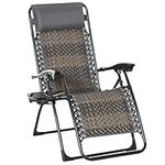 Outsunny Zero Gravity Chair Wicker Lounger Adjustable Recliner Outdoor Folding Chair with Headrest, Side Table Tray for Patio, Garden, Balcony, Deck, Grey