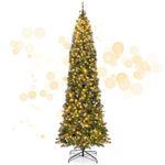 HAPPYGRILL 9FT Artificial Pre-lit Christmas Tree, Hinged Pencil Xmas Tree w/1298 Branch Tips, 500 LED Lights, Red Berries, Seasonal Decoration Tree for Office Home Party