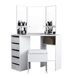 Wooden Corner Dressing Table Modern Vanity Makeup Desk with Stool 3 Mirrors and 5 Storage Drawers Bedroom Furniture (White)