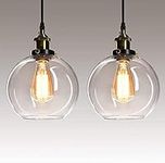 Frideko Set of 2 Glass Pendant Light - 7.9 inches Globe Pendant Light, Vintage Pendant Lighting for Kitchen Island, Modern Clear Glass Kitchen Lights Ceiling Hanging for Dining Room, Kitchen