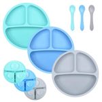 BEBOAN 3PCS Silicone Divided Plate, Upgraded Non Slip Suction Plates,100% BPA-Free Feeding Dishes, Baby Toddler Plate Fits for Most High Chair (Blue/Light Green/Gery)