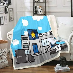 Coperta in pile per bambini della polizia di polizia con cartoni animati e auto sherpa, coperta per divano e divano a tema poliziotto, coperta in flanella per letto matrimoniale, 152,4 x 200,7 cm